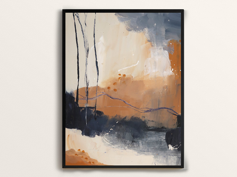 Abstract landscape painting of bare trees on a background of blue, rust, cream and white colors