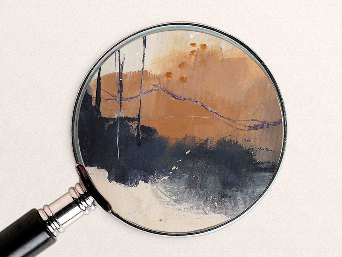 abstract-landscape-painting1-3 Closeup of a portion of an abstract painting showing a flowing navy blue line on a background of rust, cream and black with tiny rust color dots