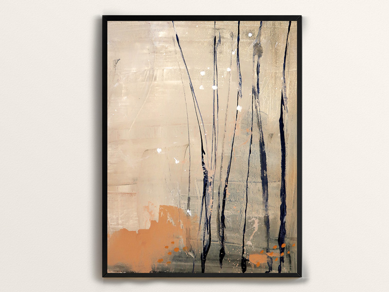 Abstract painting on canvas of bare trees using dark blue acrylic paint on a background of cream, beige, and burnt orange with white splatters