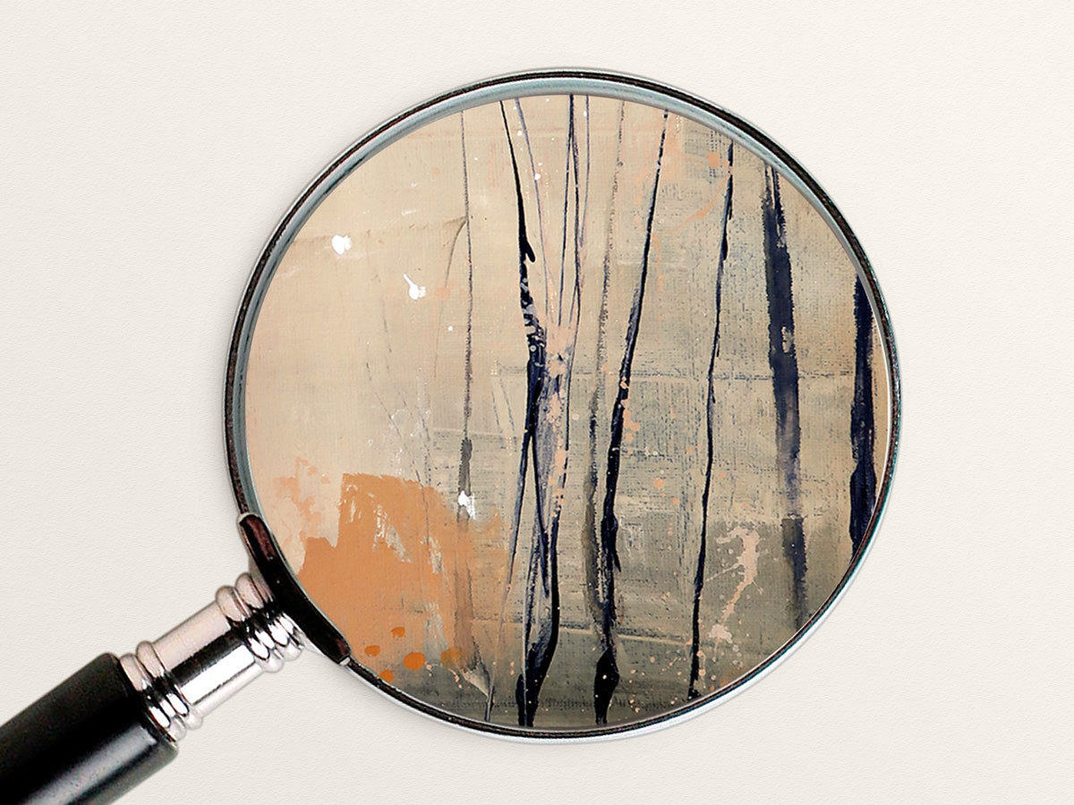 abstract-landscape-painting2-3 Closeup of a portion of an abstract painting showing thin dark blue lines (trees) on a peach and rust color background