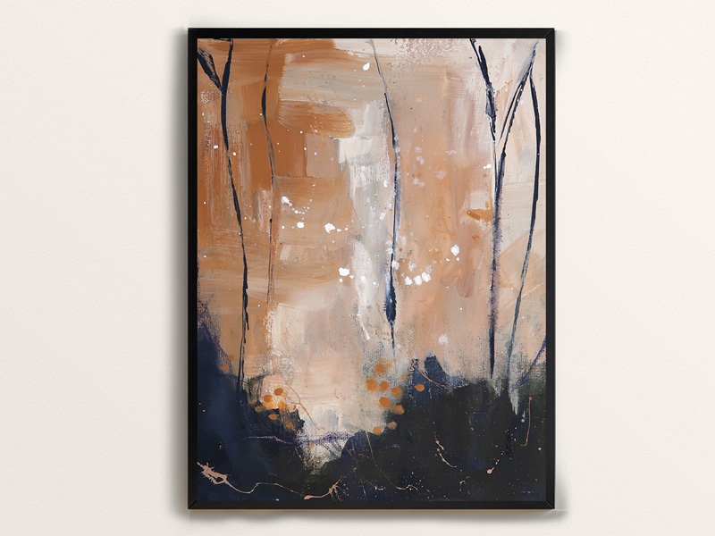 Abstract landscape painting in acrylic on canvas of bare trees in colors of peach, dark blue, rust, and white