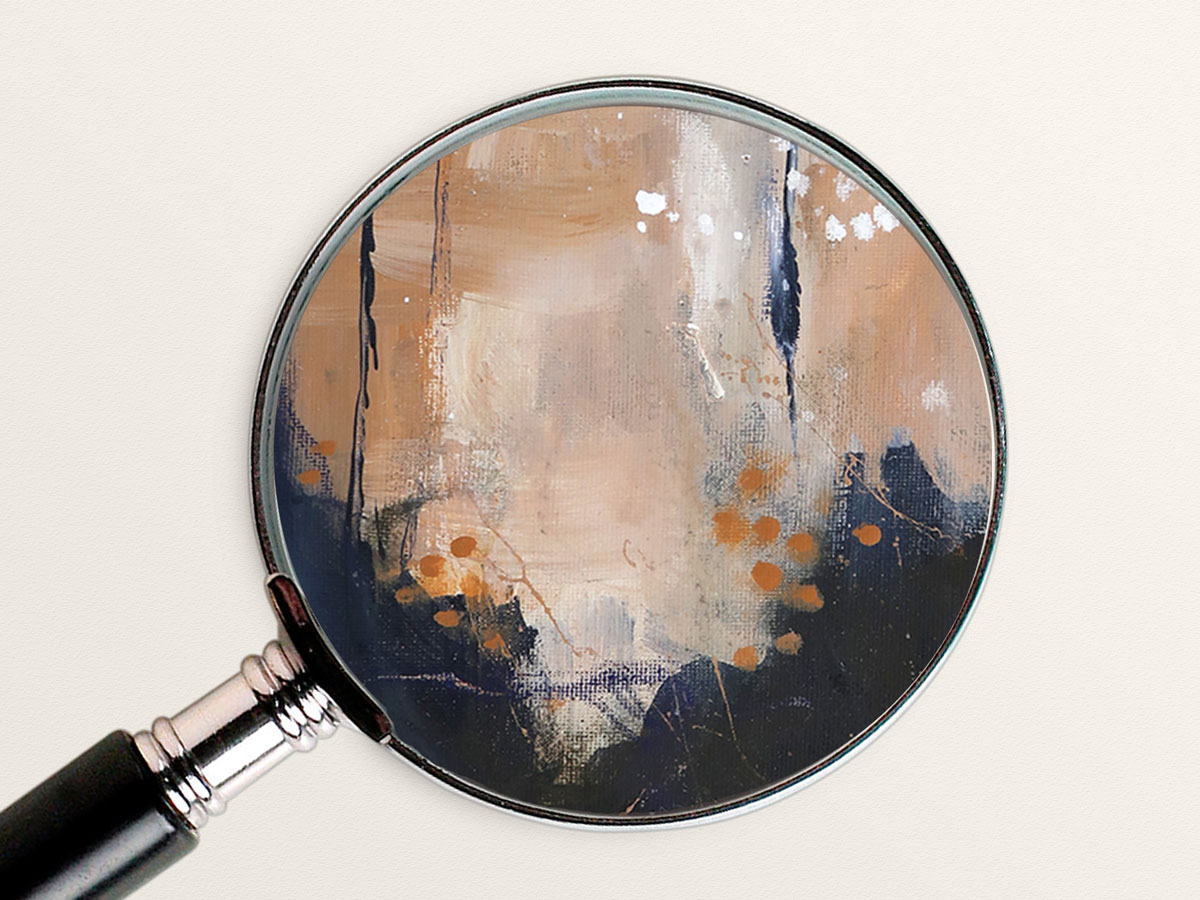 abstract-landscape-painting3-3 Closeup of a portion of an abstract landscape painting showing a navy, cream, and beige background with small orange dots