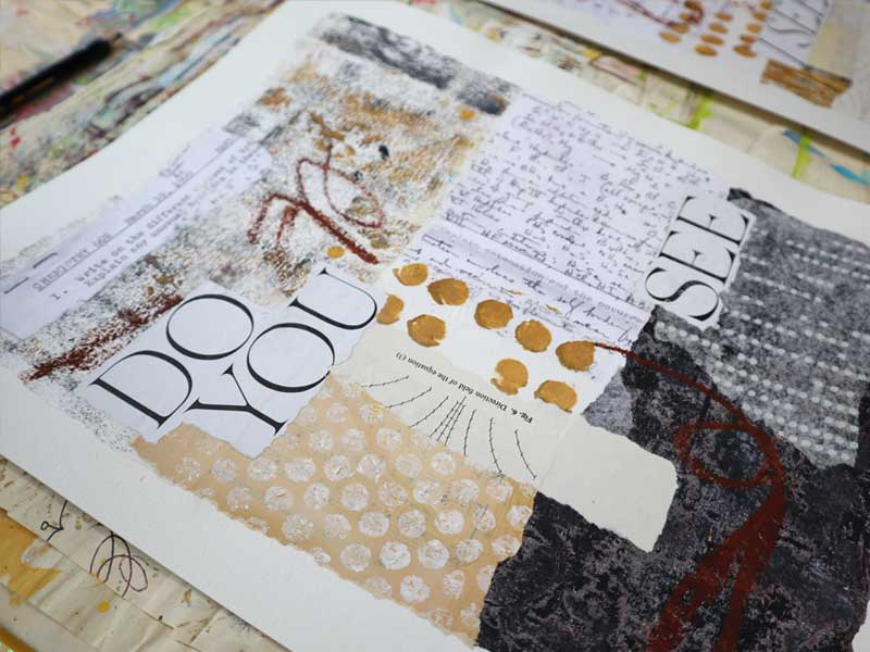 Collage art made with textbook pages, copies of homework, hand painted paper, and a quote from a magazine that says "Do you see"