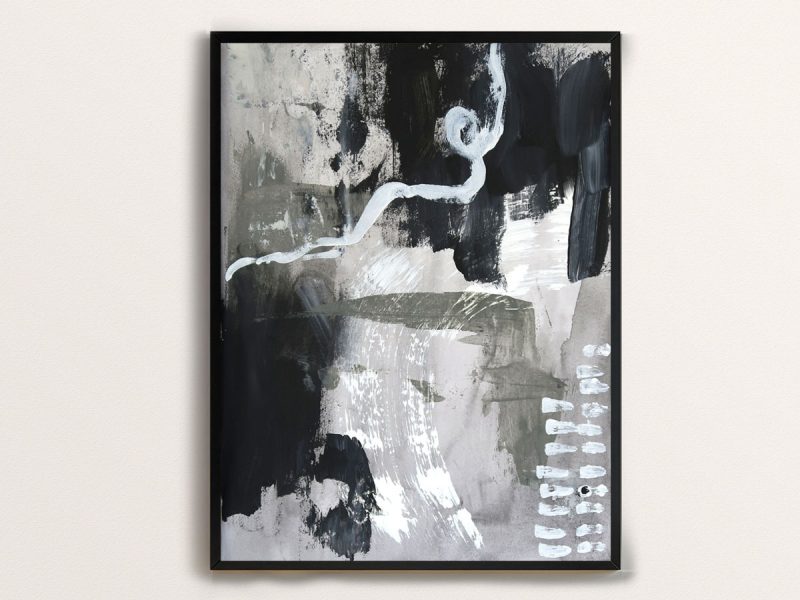 Abstract painting with scraped on paint in beige, gray, black and white with a white twisting line and white line marks
