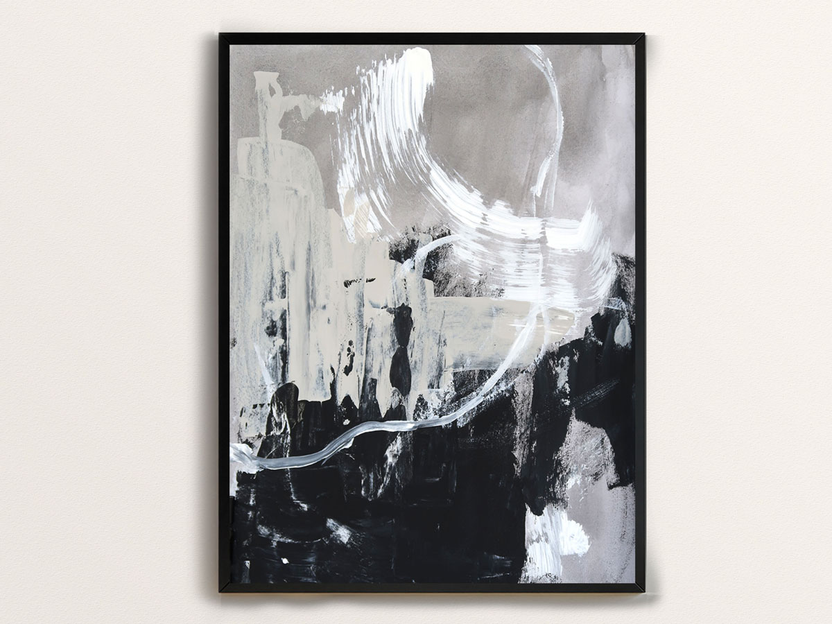 Abstract painting with scraped on paint in beige, gray, black and white with a white twisting line and white line marks