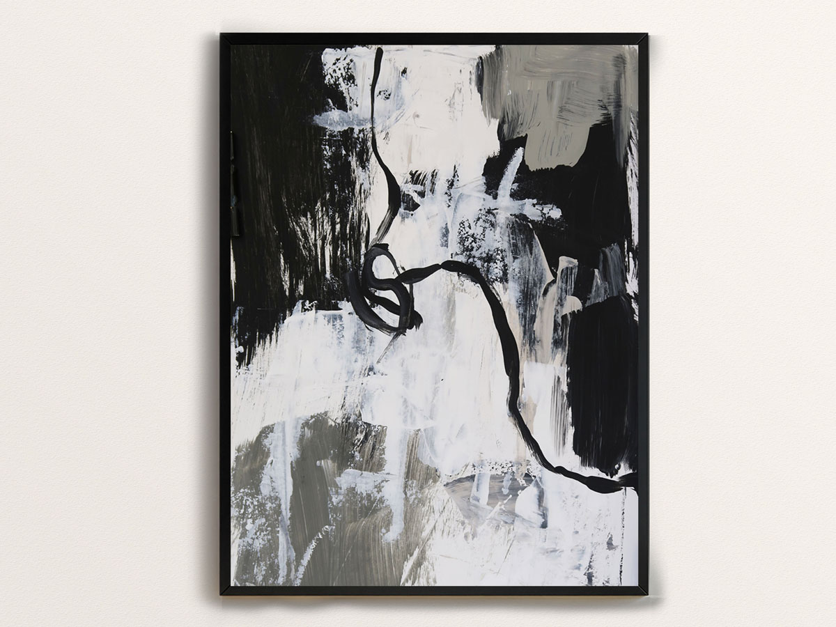 Abstract painting of a background with scraped on paint in beige, black, grey and white with a black twisting line moving and swirling from one side of the painting to another