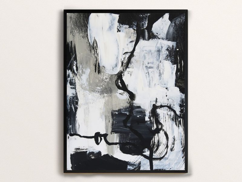 Abstract painting of a background with scraped on paint in beige, black, grey and white with two black twisting lines moving and swirling from one side of the painting to another