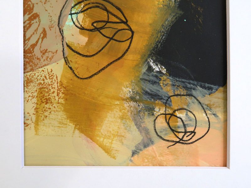 Closeup of a a portion of an abstract painting containing black circle scribbles on a background of gold, beige, black and peach paint