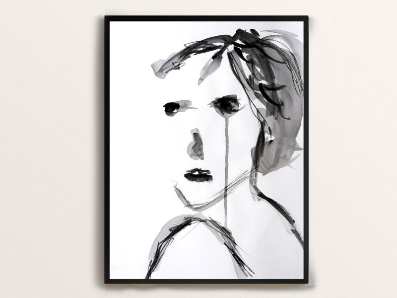 Abstract charcoal drawing of a woman's face looking to the side with a streak of watery charcoal running from one eye.