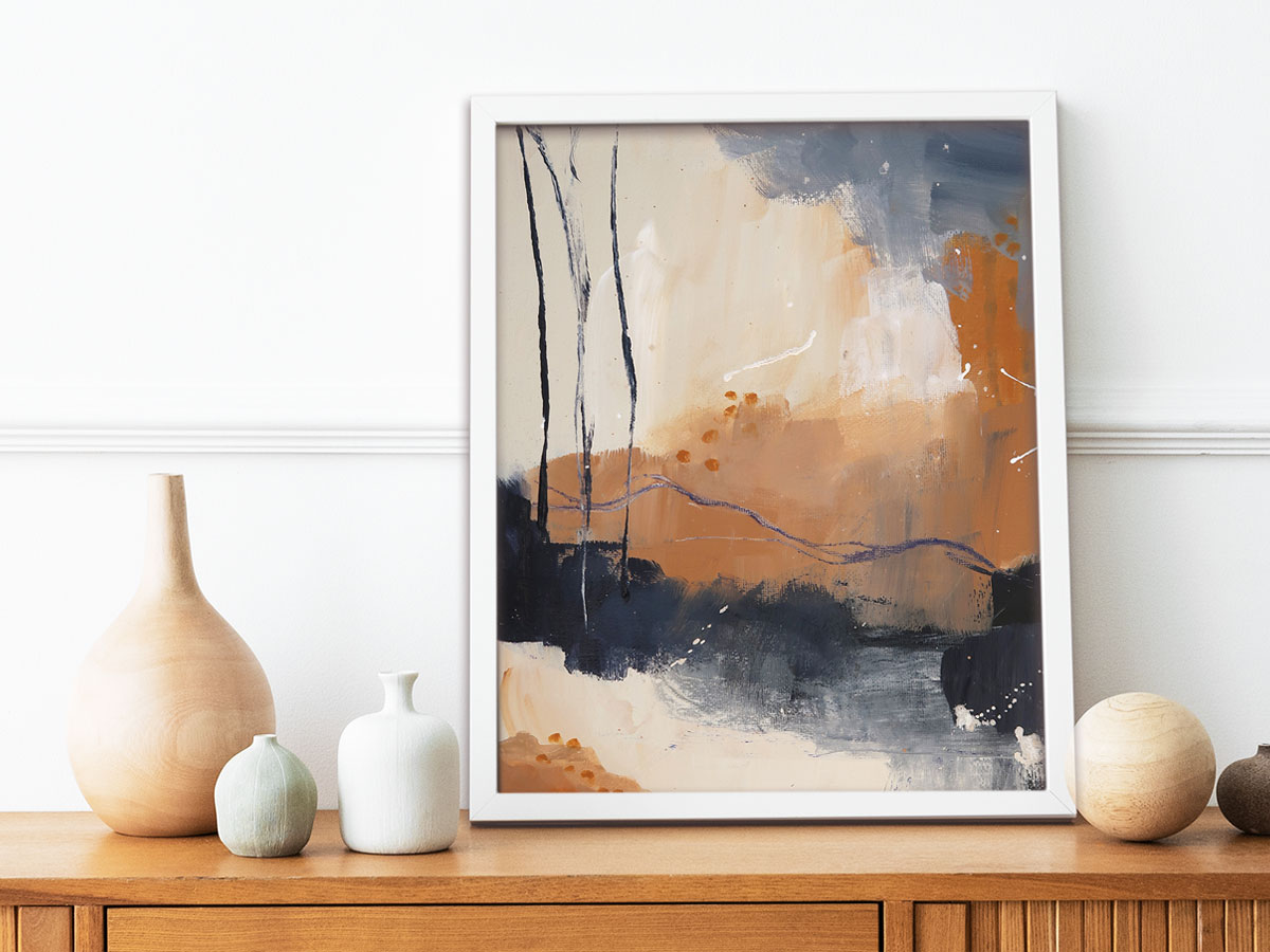 Abstract landscape painting in blue, rust, cream and beige colors
