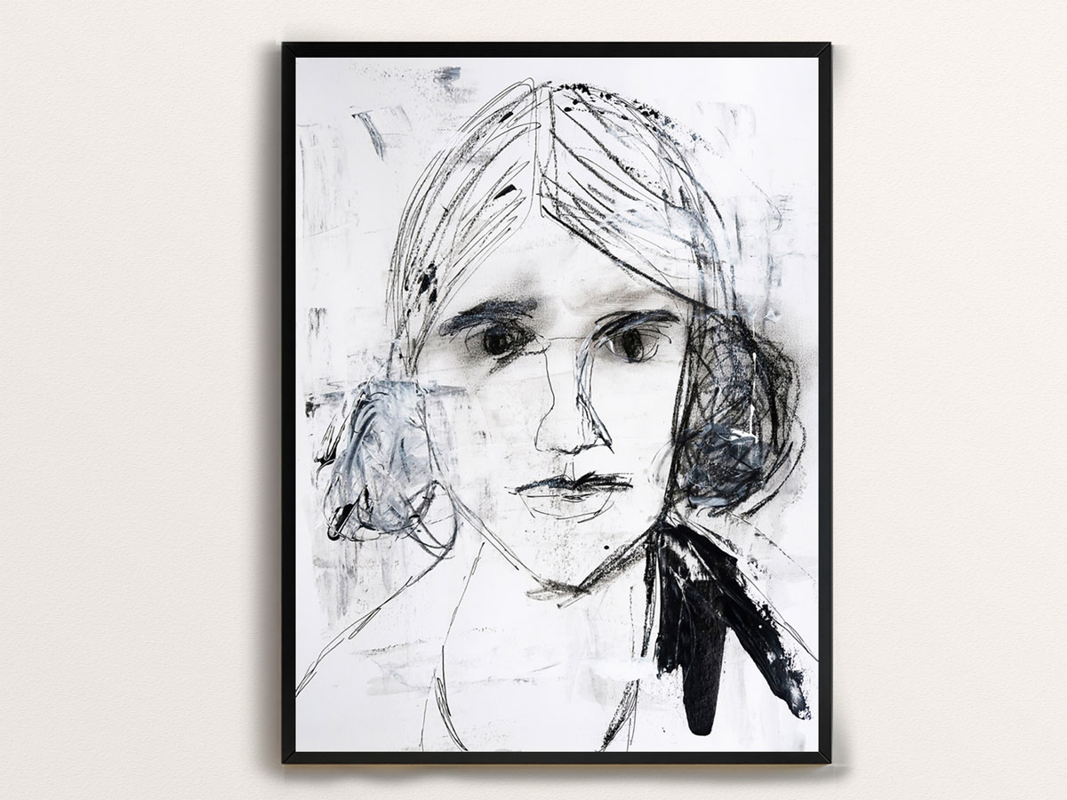 Abstract painting of a woman's face in black and white