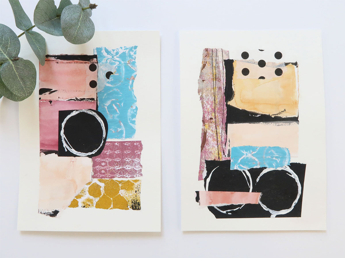 Set of two collage artworks using hand painted patterned papers in pink, lavender, blue and gold with black and white circles