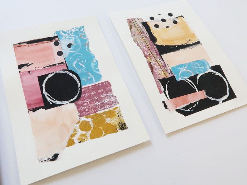 Set of two collages on paper using hand painted papers in pink, lavender, gold and blue with geometric patterns