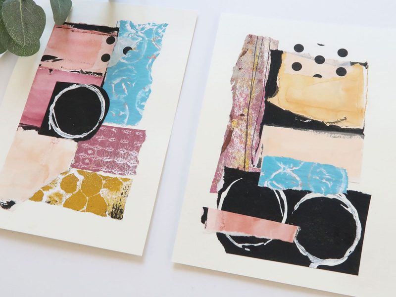 Set of two collages on paper using hand painted papers in pink, lavender, gold and blue with graphic black and white circles