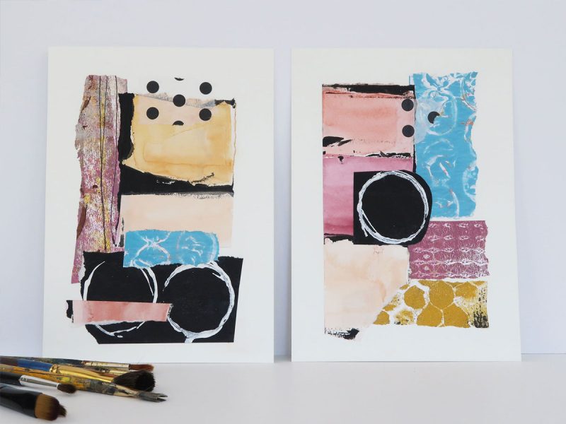 Set of two original collages on paper using hand painted papers in pink, lavender, gold and blue with geometric circle patterns