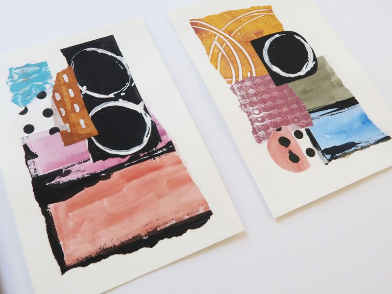 Set of two collages on paper using hand painted papers in pink, lavender, gold and blue with geometric patterns