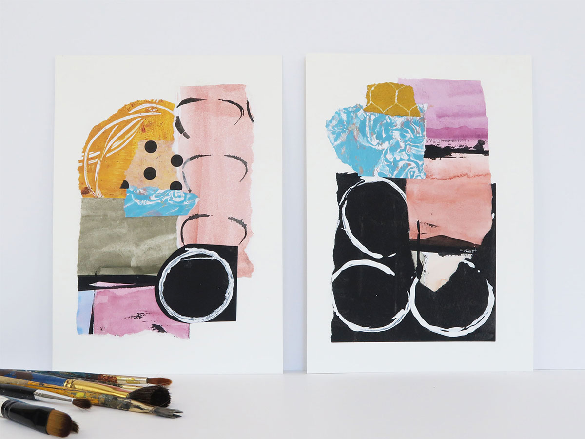 Set of small collage art in pink, blue, and lavender with black and white painted circle paper
