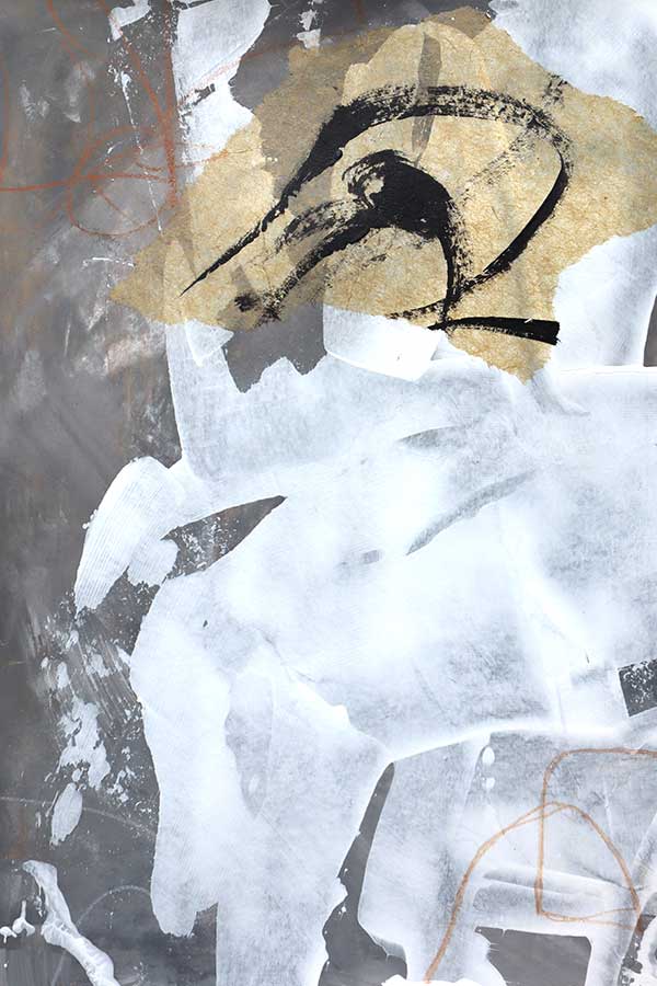 Abstract artwork with sections of white smeared paint over a gray background. Rust color pencil scribbles are in the upper left and lower right hand corners, and in the upper right hand side is a piece of torn, transparent tan paper with black painted marks.