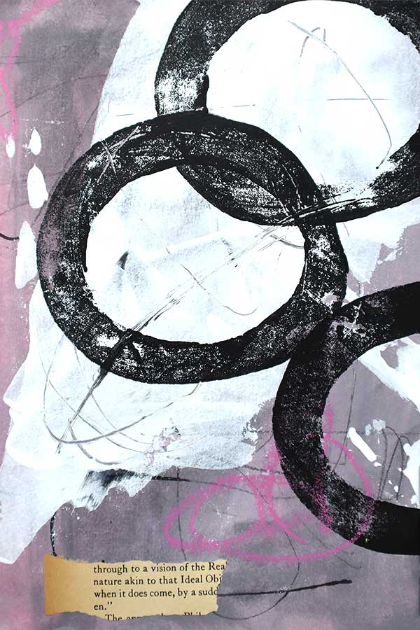 Abstract painting with a a section of white paint smeared over a lavender and gray background. Thin lines are scratched into the white paint, and three large irregularly shaped circles are stamped over the white paint. Bright pink crayon circles are scribbled at the bottom.
