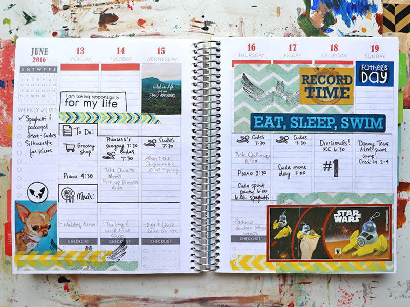 Planner decorating ideas using stamps, patterned paper, washi tape, and stickers
