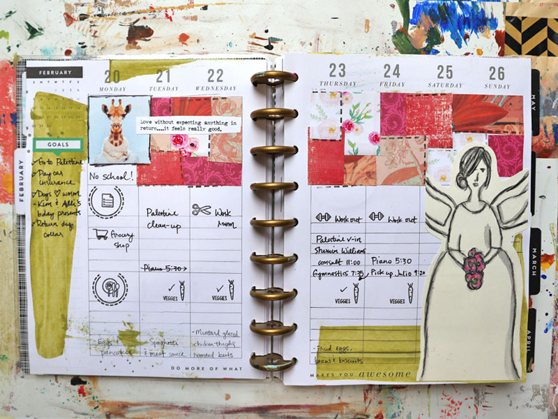 Planner pages of a weekly schedule decorated with stamps, patterned paper and original drawing of a girl with wings holding a bouquet of pink flowers