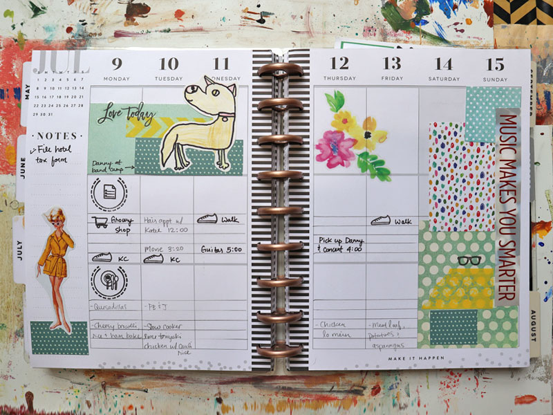 Planner decorating ideas using stamps, patterned paper, washi tape, and stickers
