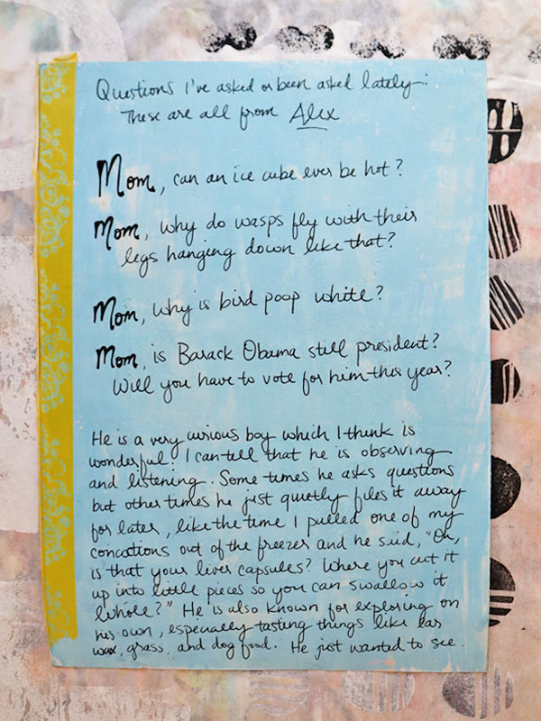 Handwritten journal entry on painted blue background