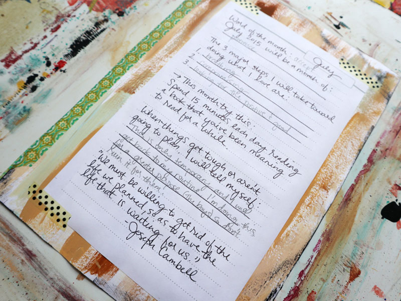 Journal page mounted on a mixed media background of scraped paint in rust and beige tones