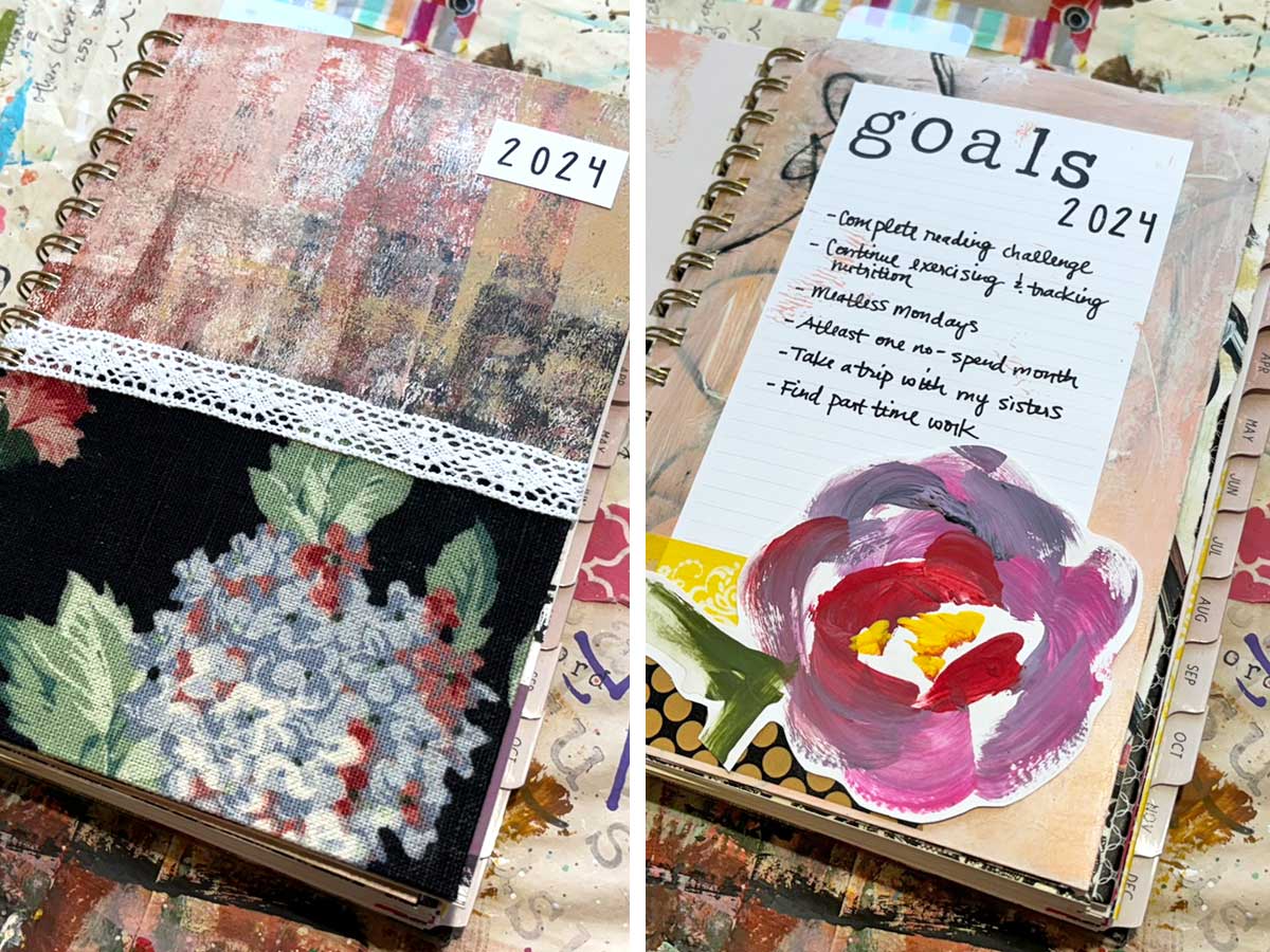 example of how to decorate your planner with art showing a planner with a custom cover and goals page made with hand painted flowers and abstract art