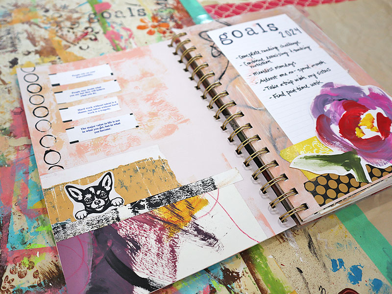 Planner pocket page decorated with abstract papers in yellow ochre and shades of purple and a chihuahua picture