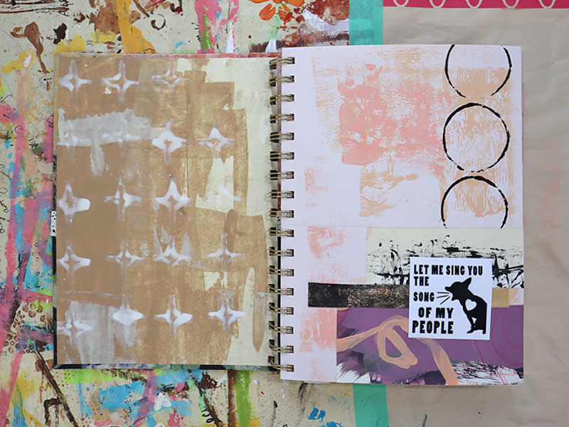 Pocket in planner painted in pink and decorated with pink and purple abstract paper and a chihuahua dog graphic