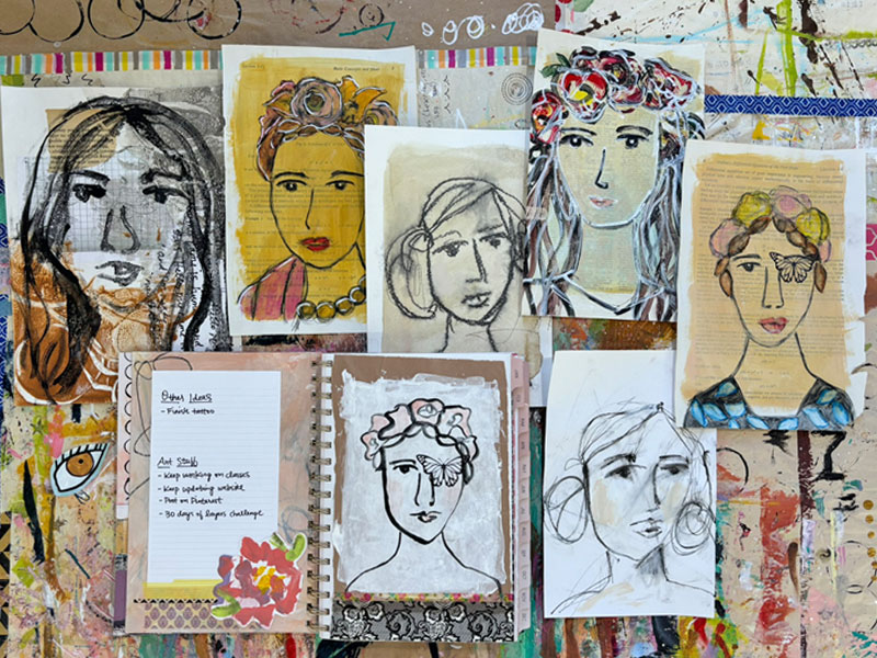 Group of paintings of women's faces in various abstract styles