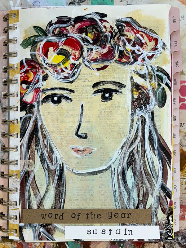 Word of the year art page with an abstract painting of a woman with red flowers in her hair and the word "Sustain" at the bottom