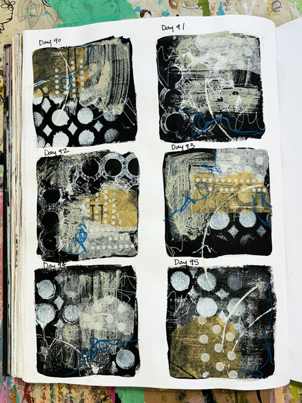 Small paintings in a grid in a sketchbook. The paintings are abstract style in black, white, and tan.