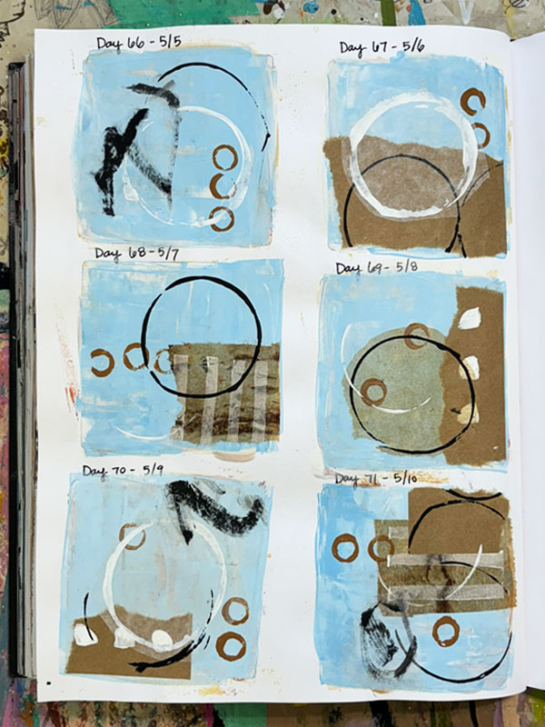 Small grids made in a sketchbook in an abstract style of paint and collage in blue, tan and white with black and white circles