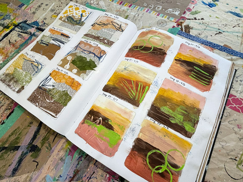 Grid paintings in a sketchbook of mini abstract landscapes